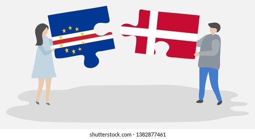 Couple holding two puzzles pieces with Cabo Verdean and Danish flags. Cape Verde and Denmark national symbols together.