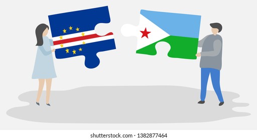 Couple holding two puzzles pieces with Cabo Verdean and Djiboutian flags. Cape Verde and Djibouti national symbols together.