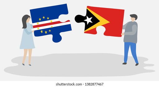 Couple holding two puzzles pieces with Cabo Verdean and Timorese flags. Cape Verde and East Timor national symbols together.