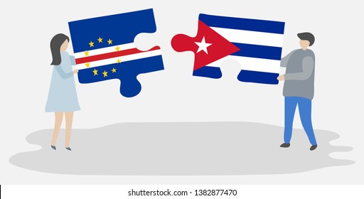 Couple holding two puzzles pieces with Cabo Verdean and Cuban flags. Cape Verde and Cuba national symbols together.