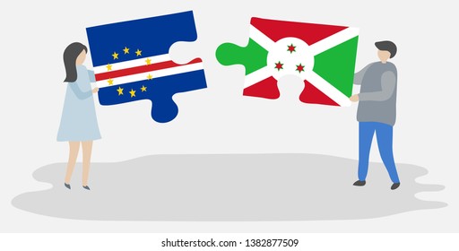 Couple holding two puzzles pieces with Cabo Verdean and Burundian flags. Cape Verde and Burundi national symbols together.