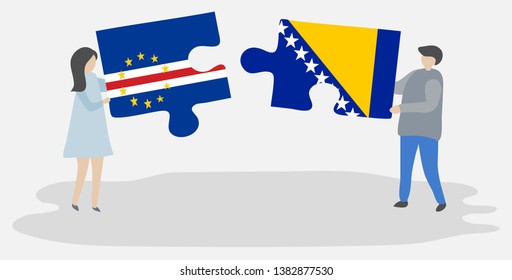 Couple holding two puzzles pieces with Cabo Verdean and Bosnian flags. Cape Verde and Bosnia and Herzegovina national symbols together.