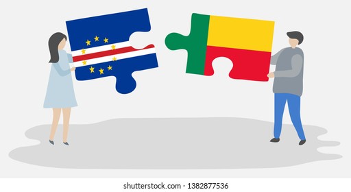Couple holding two puzzles pieces with Cabo Verdean and Beninese flags. Cape Verde and Benin national symbols together.