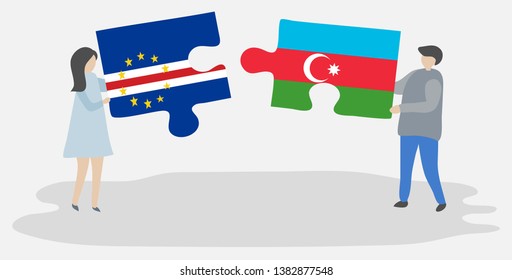 Couple holding two puzzles pieces with Cabo Verdean and Azerbaijani flags. Cape Verde and Azerbaijan national symbols together.
