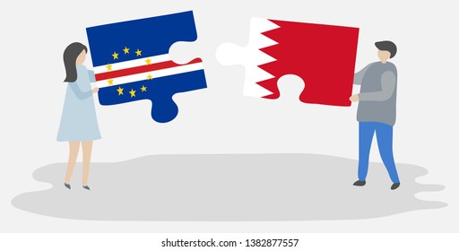 Couple holding two puzzles pieces with Cabo Verdean and Bahraini flags. Cape Verde and Bahrain national symbols together.