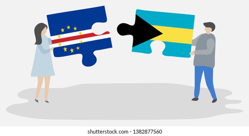 Couple holding two puzzles pieces with Cabo Verdean and Bahamian flags. Cape Verde and Bahamas national symbols together.