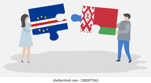 Couple holding two puzzles pieces with Cabo Verdean and Belarusian flags. Cape Verde and Belarus national symbols together.