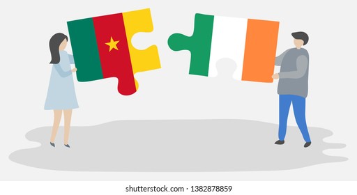 Couple holding two puzzles pieces with Cameroonian and Irish flags. Cameroon and Ireland national symbols together.