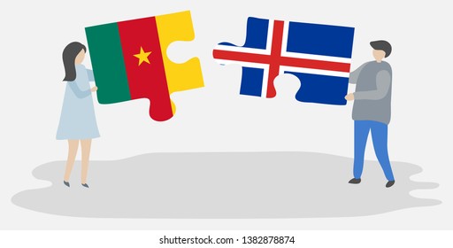 Couple holding two puzzles pieces with Cameroonian and Icelandic flags. Cameroon and Iceland national symbols together.