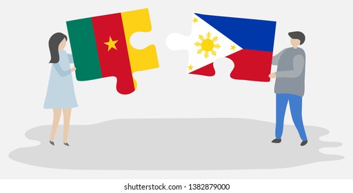Couple holding two puzzles pieces with Cameroonian and Filipino flags. Cameroon and Philippines national symbols together.