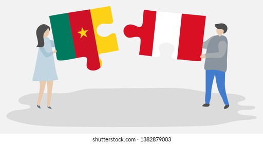 Couple holding two puzzles pieces with Cameroonian and Peruvian flags. Cameroon and Peru national symbols together.