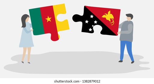 Couple holding two puzzles pieces with Cameroonian and Papuan flags. Cameroon and Papua New Guinea national symbols together.
