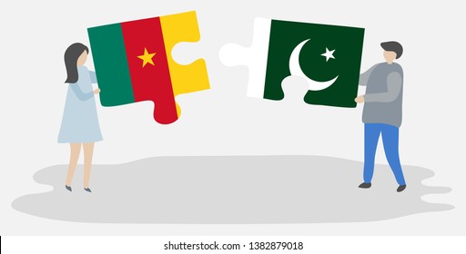 Couple holding two puzzles pieces with Cameroonian and Pakistani flags. Cameroon and Pakistan national symbols together.