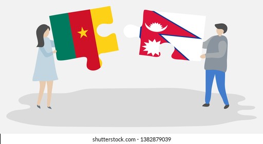 Couple holding two puzzles pieces with Cameroonian and Nepalese flags. Cameroon and Nepal national symbols together.