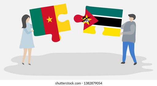 Couple holding two puzzles pieces with Cameroonian and Mozambican flags. Cameroon and Mozambique national symbols together.