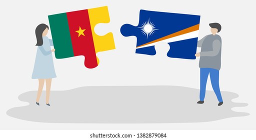 Couple holding two puzzles pieces with Cameroonian and Marshallese flags. Cameroon and Marshall Islands national symbols together.
