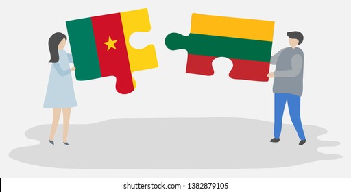 Couple holding two puzzles pieces with Cameroonian and Lithuanian flags. Cameroon and Lithuania national symbols together.