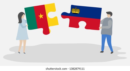 Couple holding two puzzles pieces with Cameroonian and Liechtenstein flags. Cameroon and Liechtenstein national symbols together.