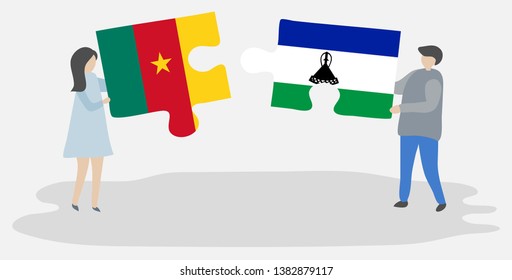 Couple holding two puzzles pieces with Cameroonian and Basotho flags. Cameroon and Lesotho national symbols together.