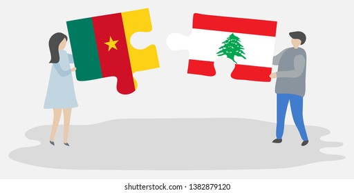 Couple holding two puzzles pieces with Cameroonian and Lebanese flags. Cameroon and Lebanon national symbols together.