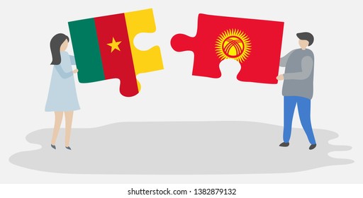 Couple holding two puzzles pieces with Cameroonian and Kirgiz flags. Cameroon and Kyrgyzstan national symbols together.