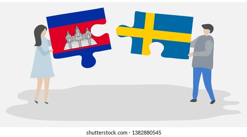 Couple holding two puzzles pieces with Cambodian and Swedish flags. Cambodia and Sweden national symbols together.