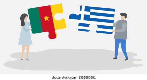 Couple holding two puzzles pieces with Cameroonian and Greek flags. Cameroon and Greece national symbols together.
