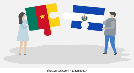 Couple holding two puzzles pieces with Cameroonian and Salvadoran flags. Cameroon and El Salvador national symbols together.