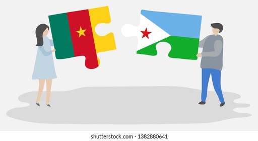 Couple holding two puzzles pieces with Cameroonian and Djiboutian flags. Cameroon and Djibouti national symbols together.