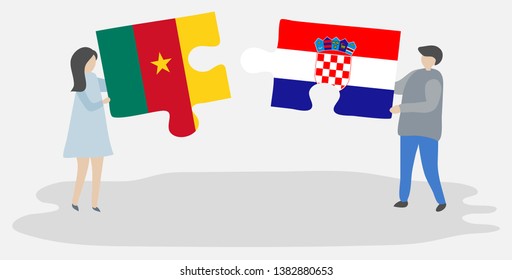 Couple holding two puzzles pieces with Cameroonian and Croatian flags. Cameroon and Croatia national symbols together.