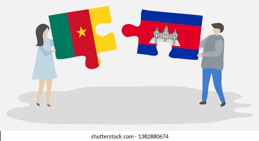 Couple holding two puzzles pieces with Cameroonian and Cambodian flags. Cameroon and Cambodia national symbols together.