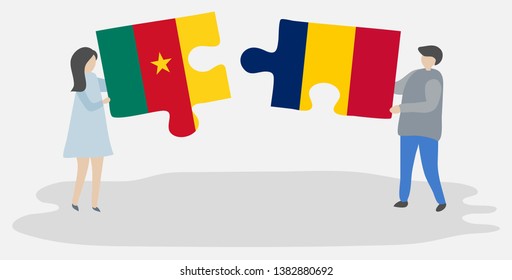 Couple holding two puzzles pieces with Cameroonian and Chadian flags. Cameroon and Chad national symbols together.