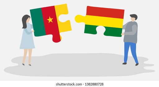 Couple holding two puzzles pieces with Cameroonian and Bolivian flags. Cameroon and Bolivia national symbols together.