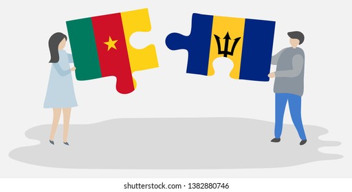Couple holding two puzzles pieces with Cameroonian and Barbadian flags. Cameroon and Barbados national symbols together.