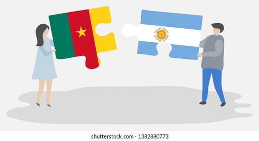 Couple holding two puzzles pieces with Cameroonian and Argentine flags. Cameroon and Argentina national symbols together.