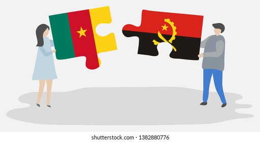 Couple holding two puzzles pieces with Cameroonian and Angolan flags. Cameroon and Angola national symbols together.