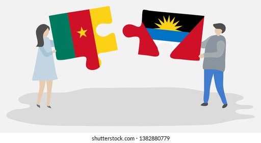 Couple holding two puzzles pieces with Cameroonian and Antiguan flags. Cameroon and Antigua and Barbuda national symbols together.