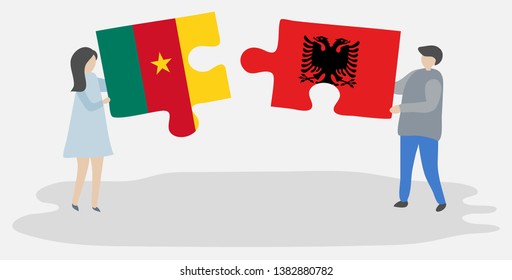 Couple holding two puzzles pieces with Cameroonian and Albanian flags. Cameroon and Albania national symbols together.