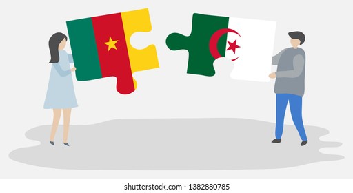 Couple holding two puzzles pieces with Cameroonian and Algerian flags. Cameroon and Algeria national symbols together.