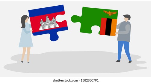 Couple holding two puzzles pieces with Cambodian and Zambian flags. Cambodia and Zambia national symbols together.