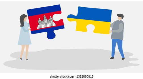Couple holding two puzzles pieces with Cambodian and Ukrainian flags. Cambodia and Ukraine national symbols together.