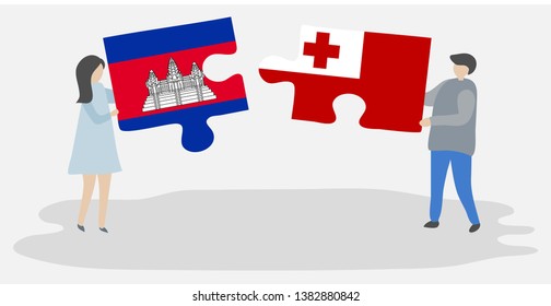 Couple holding two puzzles pieces with Cambodian and Tongan flags. Cambodia and Tonga national symbols together.
