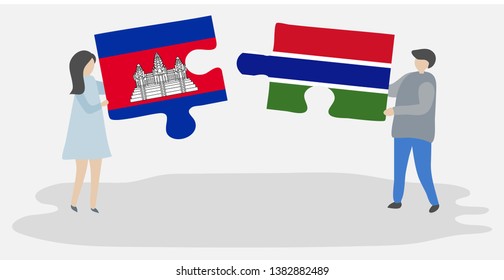 Couple holding two puzzles pieces with Cambodian and Gambian flags. Cambodia and Gambia national symbols together.