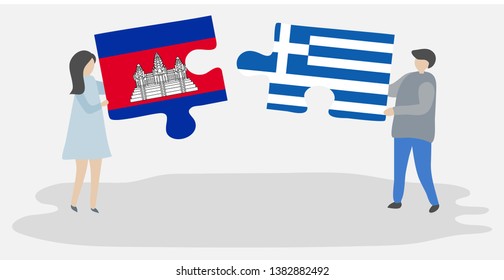 Couple holding two puzzles pieces with Cambodian and Greek flags. Cambodia and Greece national symbols together.