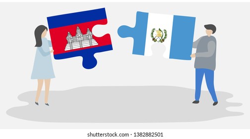 Couple holding two puzzles pieces with Cambodian and Guatemalan flags. Cambodia and Guatemala national symbols together.