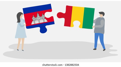 Couple holding two puzzles pieces with Cambodian and Guinean flags. Cambodia and Guinea national symbols together.
