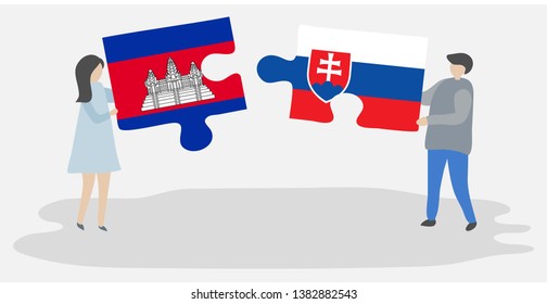 Couple holding two puzzles pieces with Cambodian and Slovak flags. Cambodia and Slovakia national symbols together.