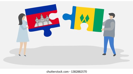 Couple holding two puzzles pieces with Cambodian and Vincentian flags. Cambodia and Saint Vincent and the Grenadines national symbols together.