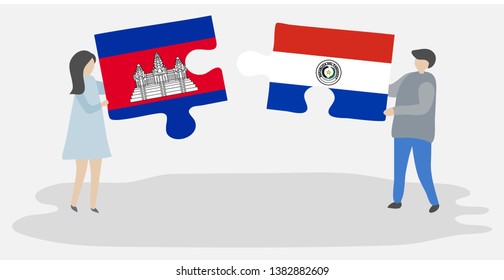 Couple holding two puzzles pieces with Cambodian and Paraguayan flags. Cambodia and Paraguay national symbols together.