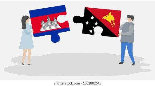 Couple holding two puzzles pieces with Cambodian and Papuan flags. Cambodia and Papua New Guinea national symbols together.